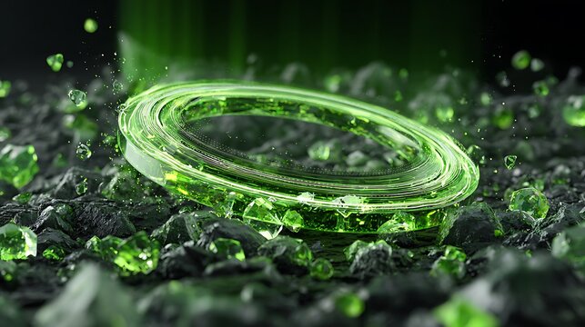 lime green glowing charge disk hovering over crystal particles radiant energy flow high-resolution tech editorial style