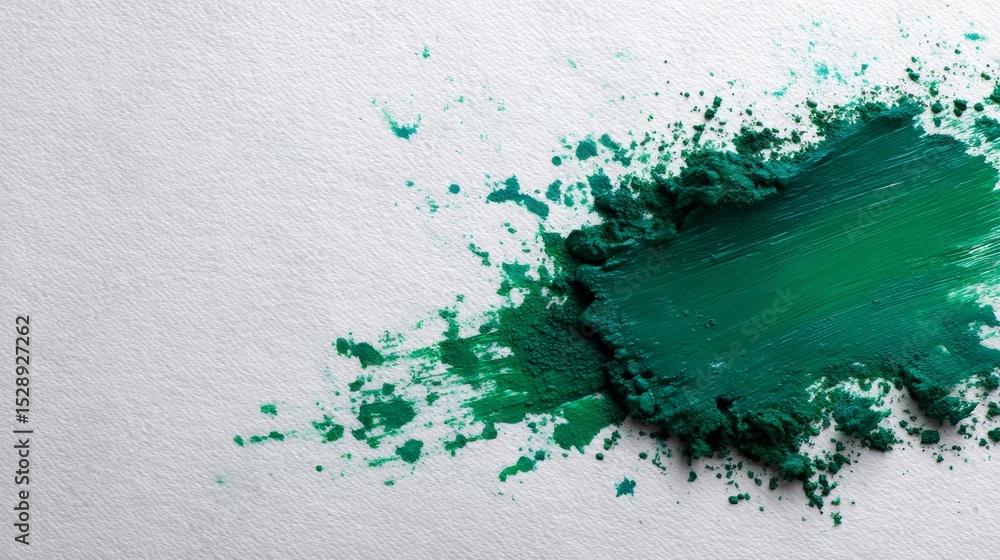 Poster overhead closeup of vibrant green paint splash on textured white canvas with visible brushstrokes an