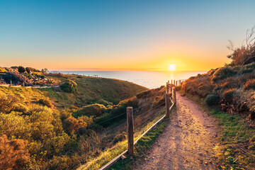 Hallett Cove Conservation Park Coastal trail with ocean views at sunset, South Australia