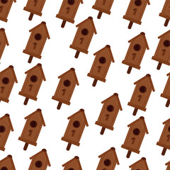 
Birdhouse with a bird. Beautiful birdie. Cartoon vector illustration seamless pattern  isolated on white background
