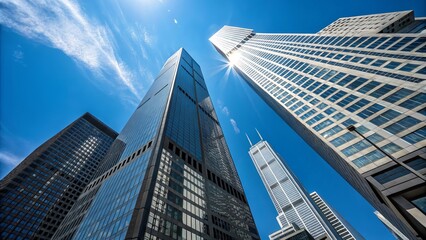 Obraz premium Architectural perspective of modern skyscrapers reaching toward a bright blue sky in chicago