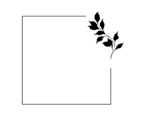 Floral and square hand drawn style. Floral black and white frame of twigs, leaves and flowers. Frames for the Valentine's day, wedding decor, logo and identity template.
