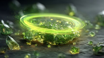 lime green glowing charge disk hovering over crystal particles radiant energy flow high-resolution tech editorial style