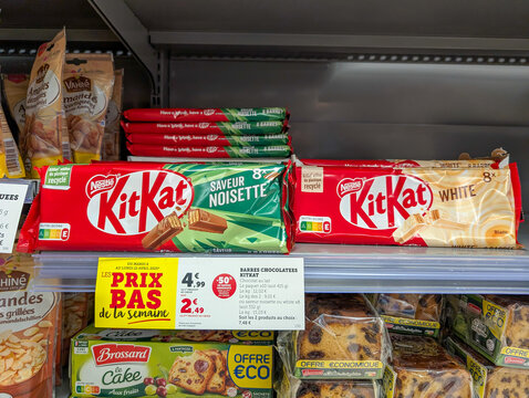 France, 18 April 2025 : Hazelnut and white Kit Kat bars displayed on store shelf.