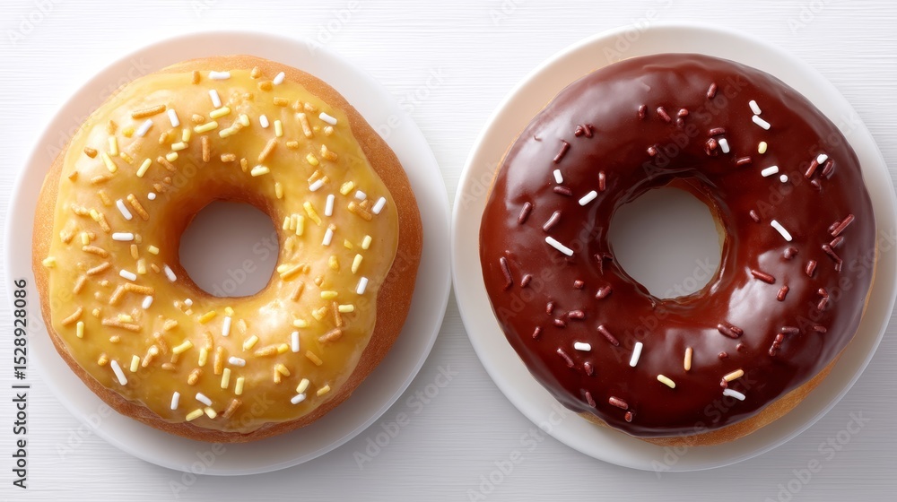 Poster overhead closeup of two glossy donuts with colorful sprinkles on white plates against a white backgr