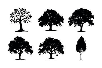 Collection of six black tree silhouettes