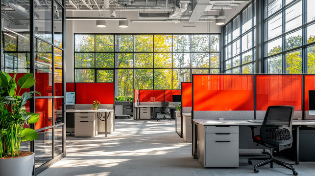 Modern office space with cubicles, featuring sleek design, contemporary furniture, and vibrant red partition panels under natural light