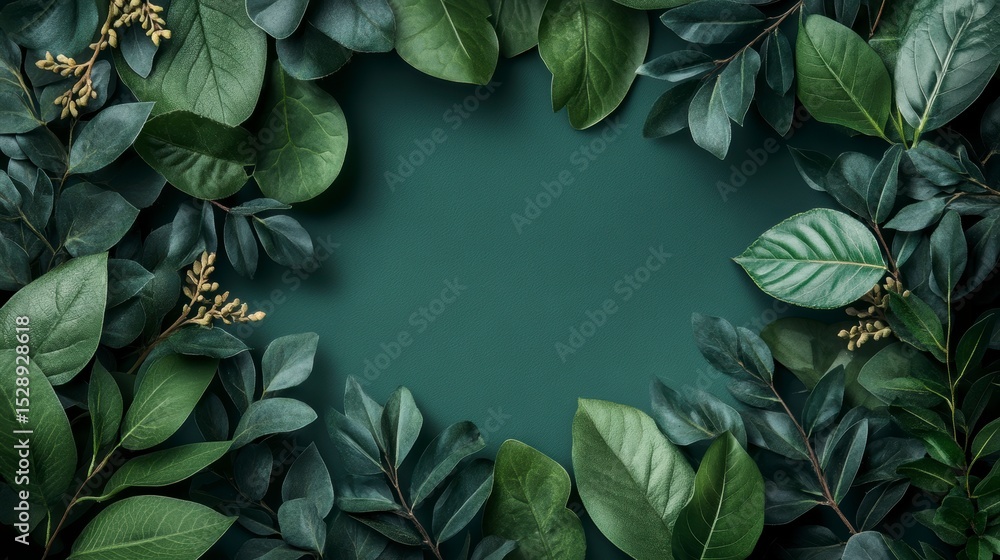 Poster lush green leaves create a frame on a teal background, leaving a central empty space for text or des