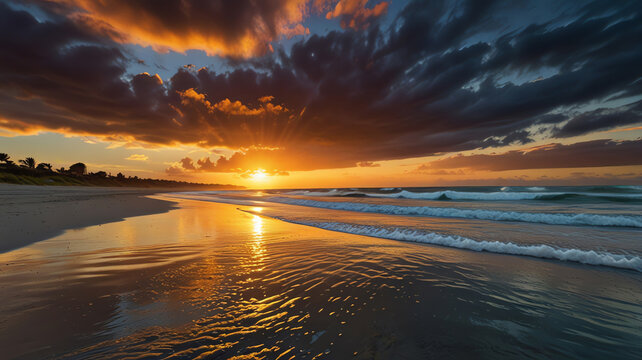Stunning sunset over a tranquil beach with waves gently rolling ashore