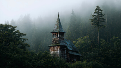Fototapeta premium Old wooden church amidst foggy forest landscape