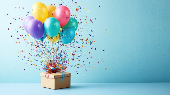 Rainbow-colored balloons and shimmering confetti explode from a square gift box on a light blue tabletop - Powered by Adobe