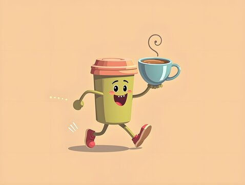 a cartoon coffee cup running with a cup of coffee