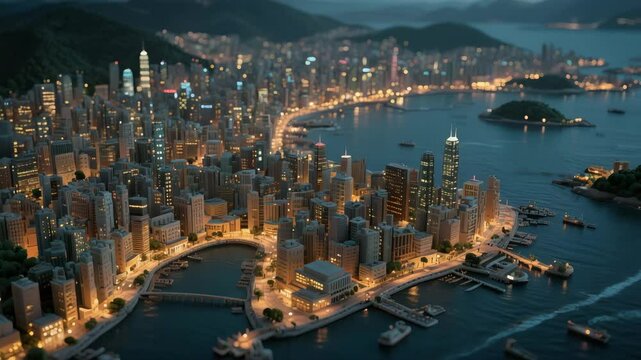 Stylized animation of a glowing coastal city at night with shimmering skyscraper reflections in the water, boats gliding across the harbor, and a camera flying smoothly above the shoreline