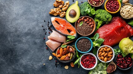 Vibrant food flat lay with balance between proteins, carbs, and greens placed on gray stone
