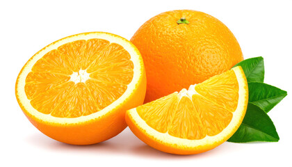 Fototapeta premium Orange fruit isolated on white background Two orange fruits, halved and cut into pieces