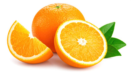 Fototapeta premium Orange fruit isolated on white background Two orange fruits, halved and cut into pieces