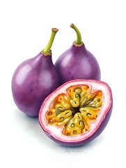 A trio of striking purple passion fruits, one of which is halved to reveal its juicy, seed-laden interior, produces an alluring watercolor still life