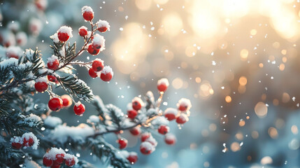 Tranquil snowy scene featuring evergreen boughs and vibrant red berries dusted with snow, bathed in sunlight with soft snowflakes falling