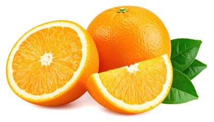Fototapeta premium Orange fruit isolated on white background Two orange fruits, halved and cut into pieces