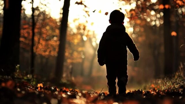 Child silhouette walking in autumnal forest