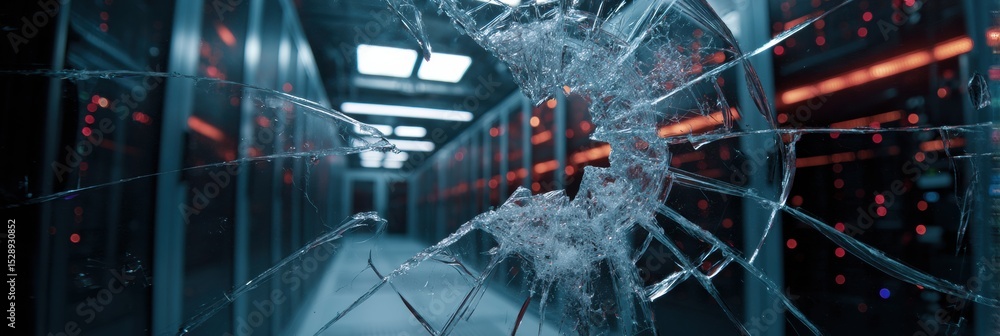 Poster flashing alert lights in a data center behind broken glass panel in an exposed layout