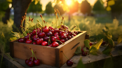 Cherries harvested in a wooden box in an orchard with sunset. Natural organic fruit abundance. Agriculture, healthy and natural food concept. Horizontal composition.