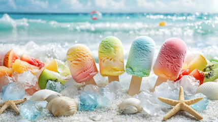 Colorful fruit ice creams on ice cubes, each paired with fresh fruit, placed on a sandy beach with seashells, starfish, and waves in the background. A vibrant and refreshing summer composition.