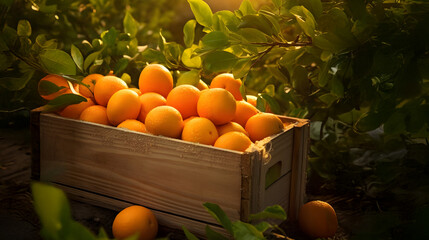 Oranges harvested in a wooden box with orchard and sunshine in the background. Natural organic fruit abundance. Agriculture, healthy and natural food concept. Vertical composition.