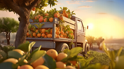 Cargo truck carrying orange fruit in an orchard with sunset. Concept of food production, transportation, cargo and shipping.