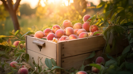 Peaches harvested in a wooden box with orchard and sunset in the background. Natural organic fruit abundance. Agriculture, healthy and natural food concept. Horizontal composition.