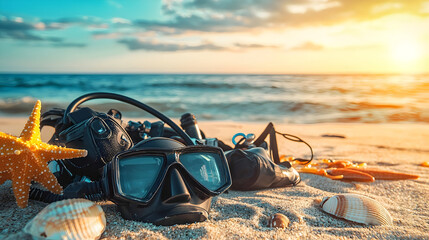 Scuba diving essentials on a sunlit sandy beach with seashells, starfish, and waves in the background. A perfect adventure-themed composition with soft focus and stunning details.