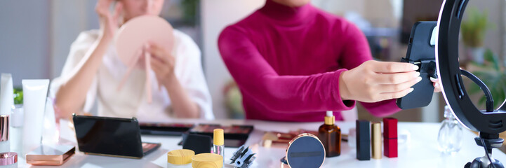 Asian Women Creating Beauty Content Online Reviewing Makeup Products for Social Media Asian Lady Streaming Live