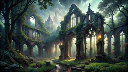 Gothic stone church in the ancient forest, a medieval architectural landmark, stands under the night sky