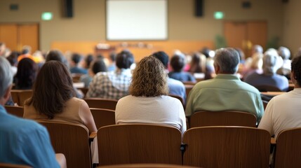 Obraz premium A group of people sitting in a lecture hall, attentively listening to a presentation.
