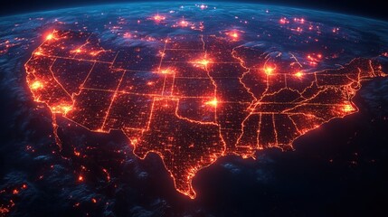 Futuristic Night Time USA City Lights View From Space Illustration