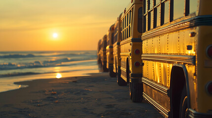 A stunning row of school buses lined up on a peaceful beach at sunrise, capturing golden reflections, gentle waves, and the perfect transition from routine to summer freedom.