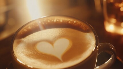 Close up of heart shaped latte art in a coffee cup with warm tones