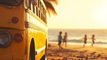 Golden-hour school bus parked near a scenic beach as joyful children dash towards the waves, leaving their shoes behind. Nostalgic coastal adventure, soft focus, cinematic realism.