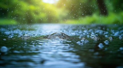 Fototapeta premium Rain Drops Splashing on Water Puddle With Green Forest Background