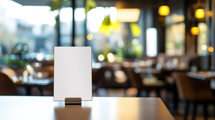 Blank tabletop menu sign in a restaurant.