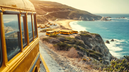 Close-up of a yellow school bus with endless rows of buses lined up on a scenic mountain highway, beside a golden beach and sparkling sea, bathed in perfect sunshine, radiating warmth and adventure.