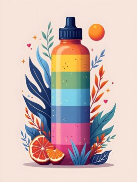 Colorful geometric water bottle illustration with abstract design elements