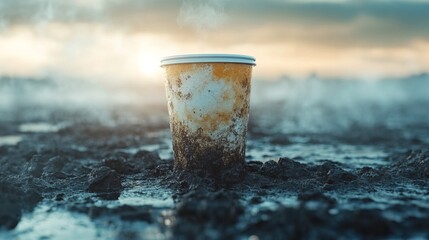 Grungy Disposable Cup in Muddy Ground Depicting Pollution and Environmental Damage