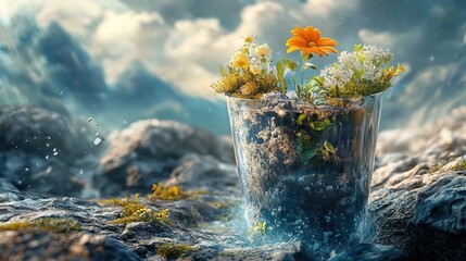 Stunning Still Life Glass Container with Flowers and Earth on Rocks