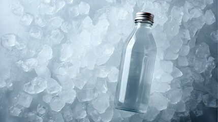 Overhead view of a clear water bottle resting on icy crushed ice with reflective lighting and a spacious copy area on the left for advertisement or branding