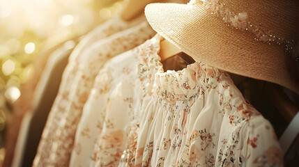 A stylish wardrobe transitioning from spring to summer—light jackets and floral dresses give way to airy outfits, sun hats, and sandals under soft golden lighting, capturing seasonal elegance.