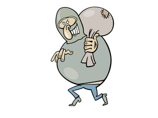 Cartoon burglar with sack on his shoulder running away stealthily