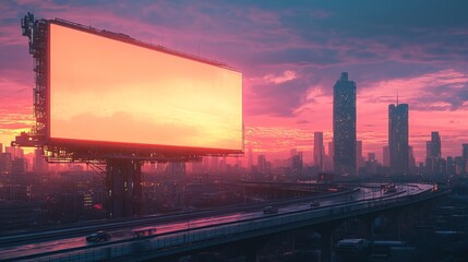 Scifi Cityscape Billboard Mockup with Elevated Highway at Sunset