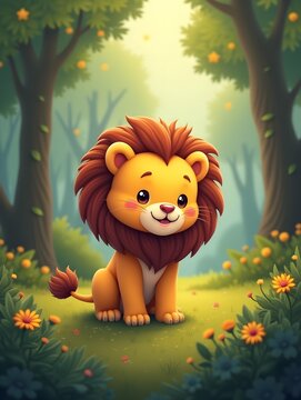 Adorable Kawaii Lion Frolicking in an Enchanting Forest Oasis