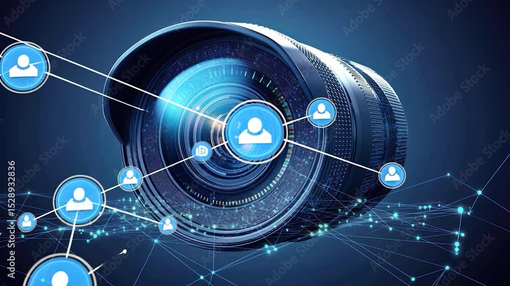 Poster futuristic camera lens with digital network overlay
